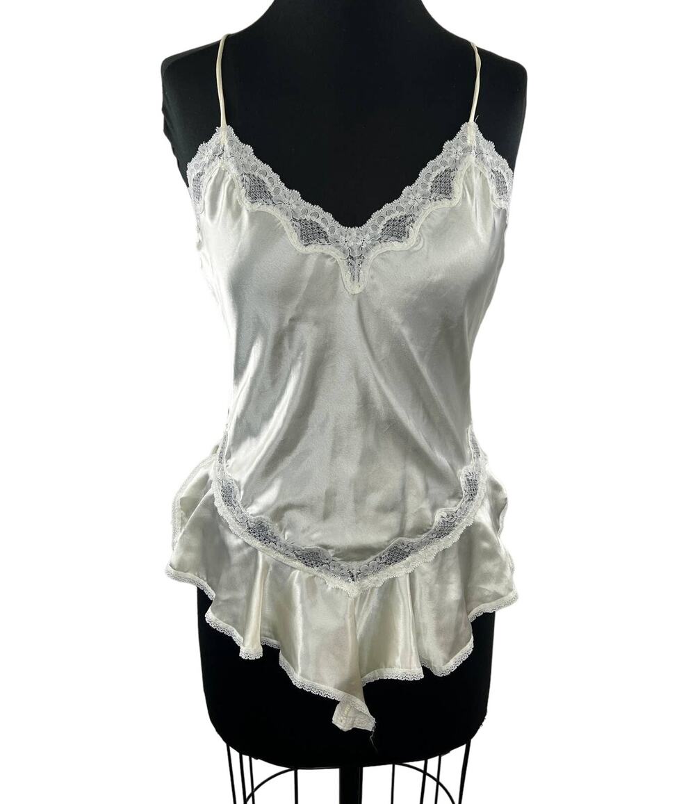 VTG Woolite Sheri Gregory White Silky Satin Lace Teddy Ruff Bodysuit Lingerie S